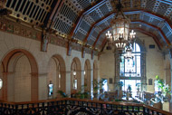 The original lobby of the Biltmore hotel, now a breakfast room and lounge. Italian muralist Giovanni Smeraldi painted the lobby ceiling. Wrightway-CA-9928.jpg