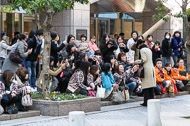 The women in the plaid jackets are fans of the actress in the tan coat. This phenomenon took place across the street from our hotel at the Tokyo Takarazuka Theater, the female equivalent to the all-male kubuki theater. Fans of the actresses gather in large numbers to see their favorites. The women in orange are fans of a different actress. _DSC0288.jpg